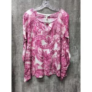 Cato Blouse‎ Womens Medium Pink Paisley Metal Bar Keyhole Neck Kimono Sleeves